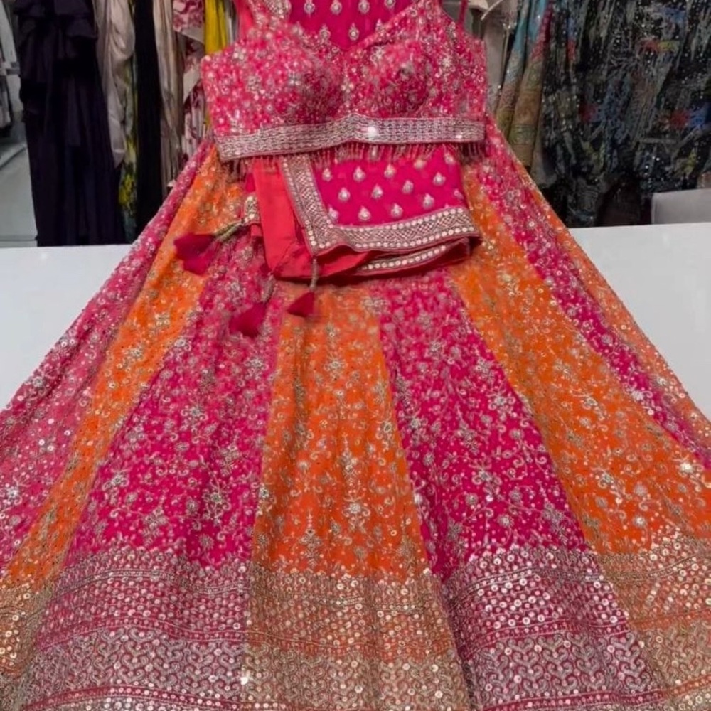 Vibrant Pink and Orange Embellished Lehenga